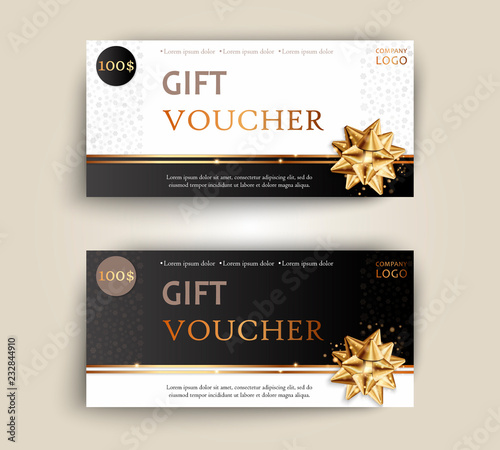 Vector set of luxury gift vouchers with ribbons and bow. Elegant template for a festive gift card, coupon and certificate. Discount Coupon Template. Vector Illustration EPS10