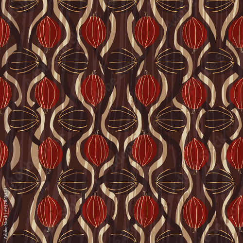 Cocoa pods in a tribal style arranged in seamless vector ogee pattern.
