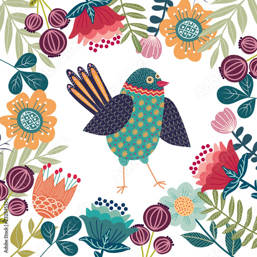 Art vector colorful illustration with beautiful abstract folk bird and flowers.