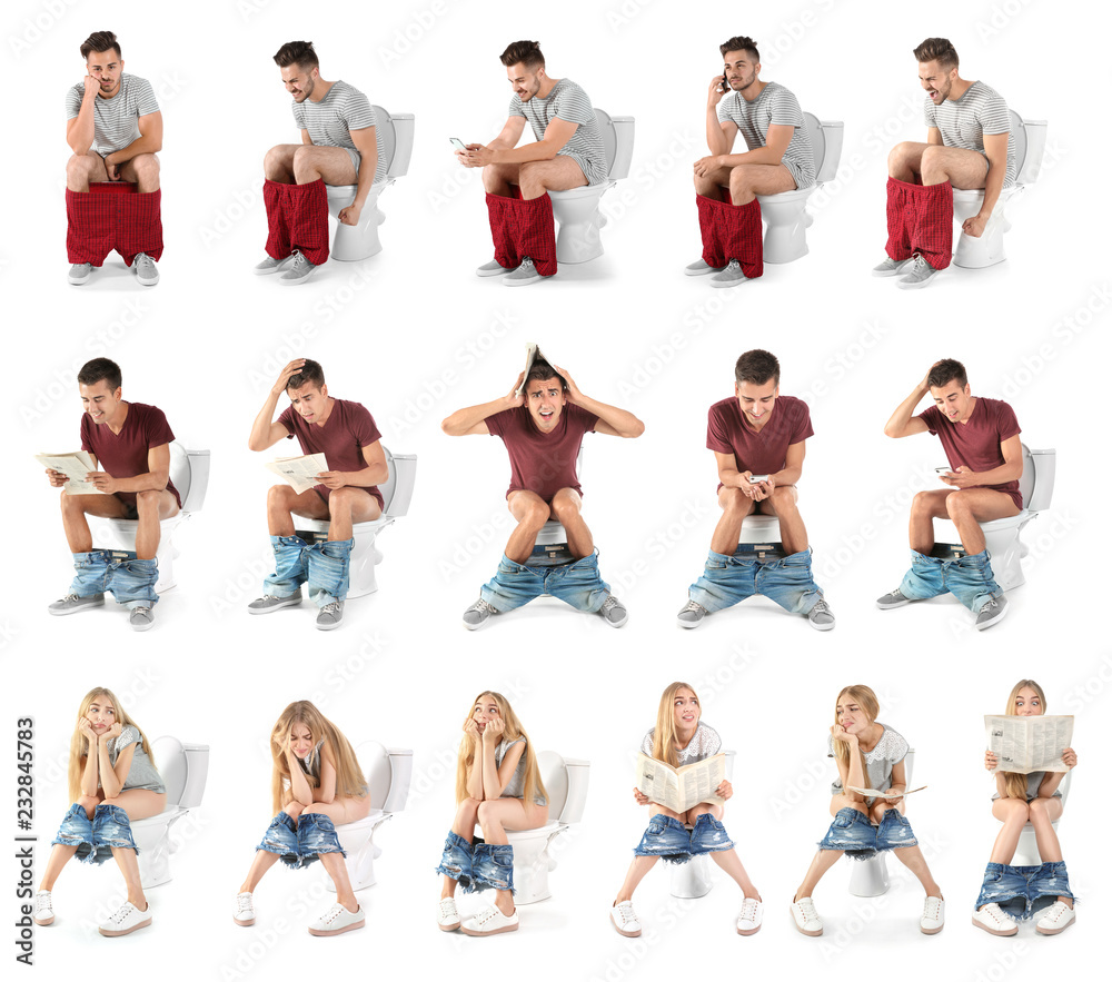 Set with young people using toilet bowl on white background Set with young people using toilet bowl on white background
