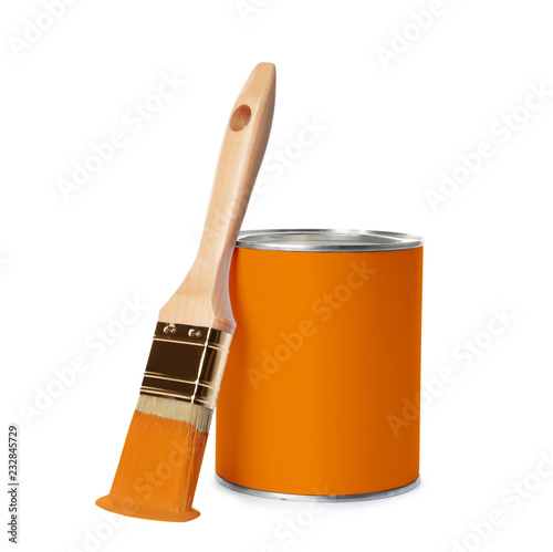 Fototapeta Naklejka Na Ścianę i Meble -  Orange paint can with brush on white background. Space for design