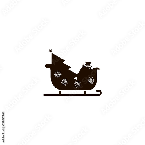 Santa's sleigh with Christmas tree and bag of gifts icon. flat design