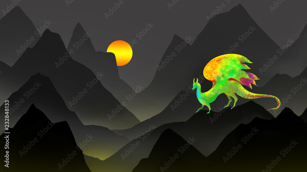 Fototapeta premium fantasy smok stwora na panoramę czarnej góry z zachodem słońca lub wschodem słońca w cyfrowej ilustracji sztuki, science fiction zwierząt potwora lub wyimaginowanej bestii projekt okładki książki