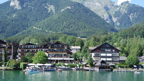 Beautiful austrian houses on the coast of the Wolfgangsee lake