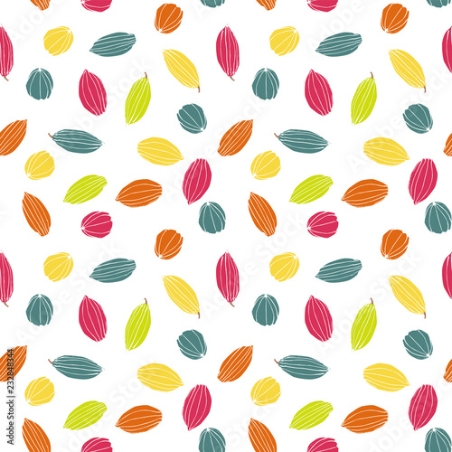 Colorful stylized cacao pods in candy colors seamless vector pattern background.