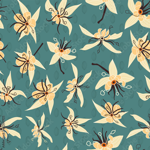 Exotic cacao tree flowers on lineart cocoa pods seamless vector pattern background