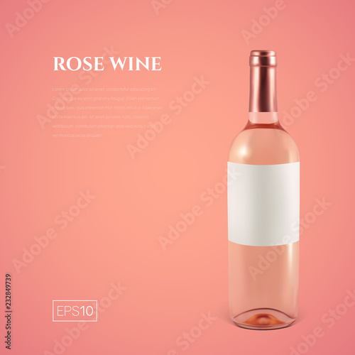 Photorealistic bottle of rose wine on a pink background. Mock up transparent bottle of wine. Template for presentation in a minimalist style.