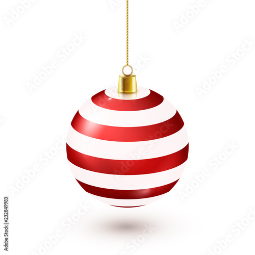 Christmas Tree Shiny Red Ball. New Year Decoration. Winter Season. December Holidays. Greeting Gift Card Or Banner Element.