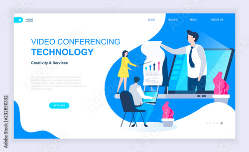 Modern flat design concept of Video Conference with decorated small people character for website and mobile website development. UI and UX design. Landing page template. Vector illustration.