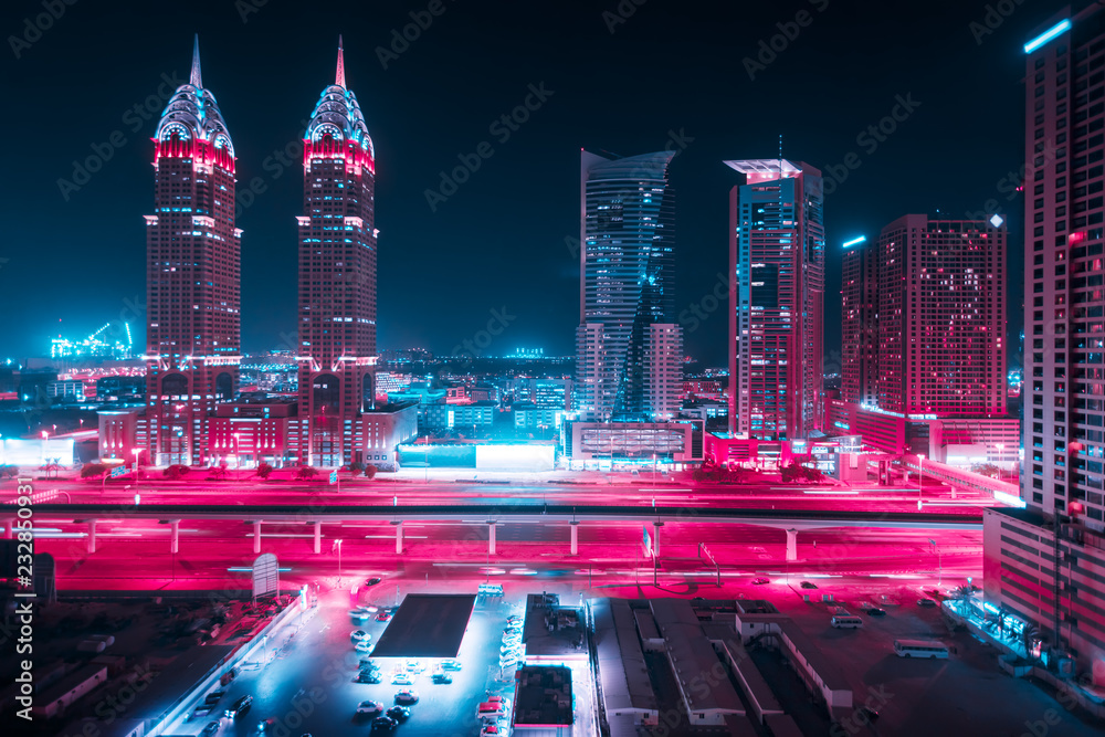 Beautiful view to Dubai and Sheikh Zayed Rd, United Arab Emirates. City
