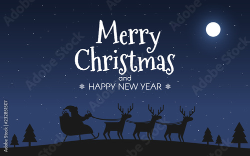 Santa Claus in sleigh with reindeers. Merry Christmas night landscape. Sky and moon. Happy New Year concept for card, print, invitation, flyer, banner. Vector illustration