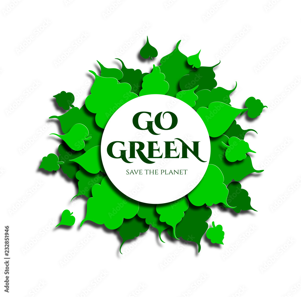Frame of green leaves in paper cut style. Text go green, save the planet. Vector Frame of green leaves in paper cut style. Text go green, save the planet. Vector