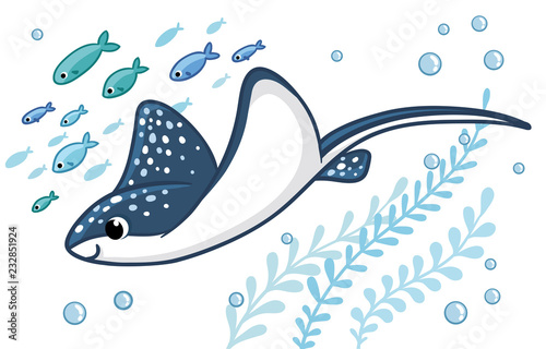 Stingray sails among the fish on a white background.