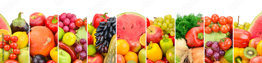 Naklejka Collection fresh fruits and vegetables isolated on white background. Panoramic collage.