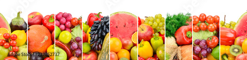 Collection fresh fruits and vegetables isolated on white background. Panoramic collage.
