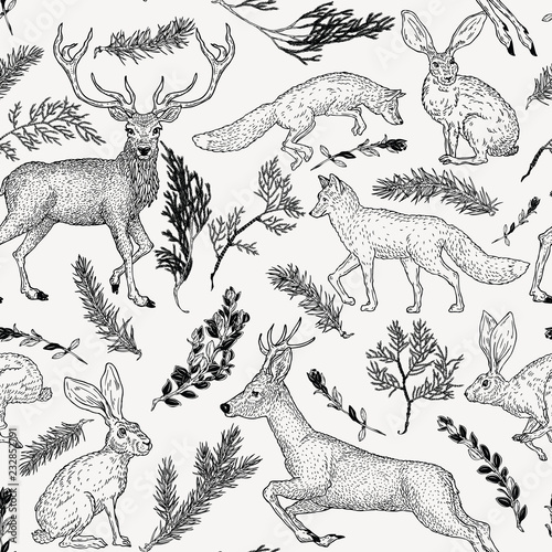 Fototapeta Naklejka Na Ścianę i Meble -  Winter seamless pattern with deer, fox, hare and evergreen plants in vintage style. Hand drawn decoration for paper, textile, wrapping decoration, scrap-booking, t-shirt, cards.