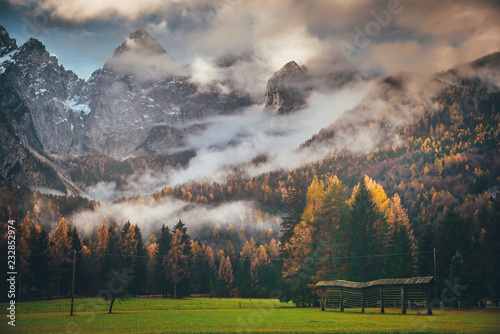 Fototapeta Naklejka Na Ścianę i Meble -  Green meadow and autumn mountains. Alps