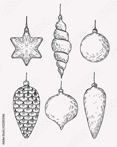 Christmas tree decoration. Hand drawn christmas balls and cones sketch.
