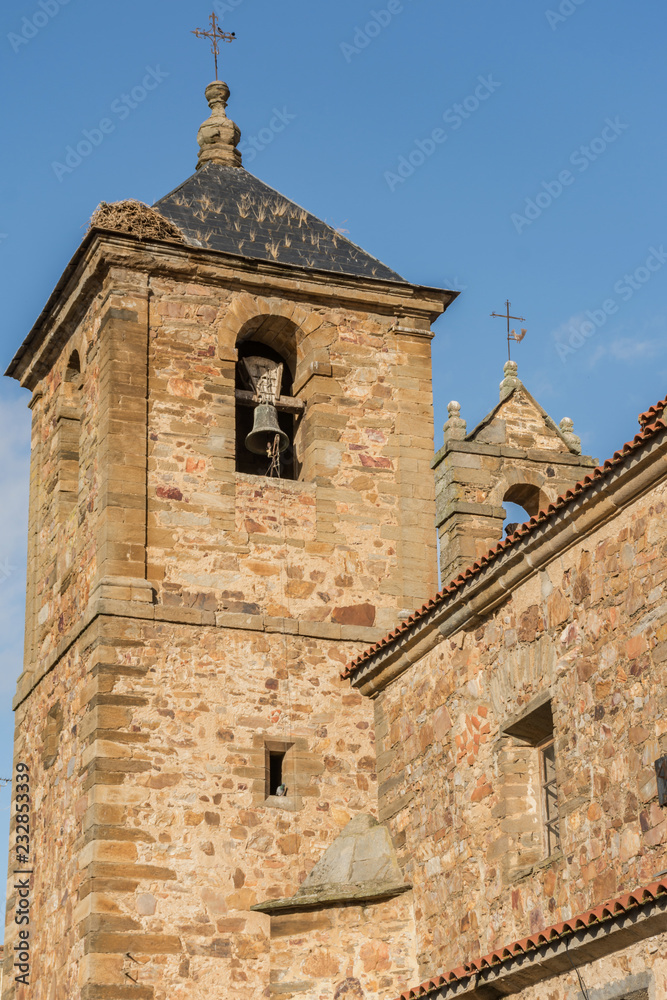 The church of San Vicente in Manganeses de la Polvorosa in Zamora, baroque church of the 18th century . There was a tradition of throwing a goat through the tower until 2002 (Castilla y Leon, Spain)