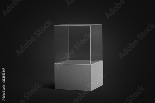 Blank white glass showcase mockup, isolated in darkness