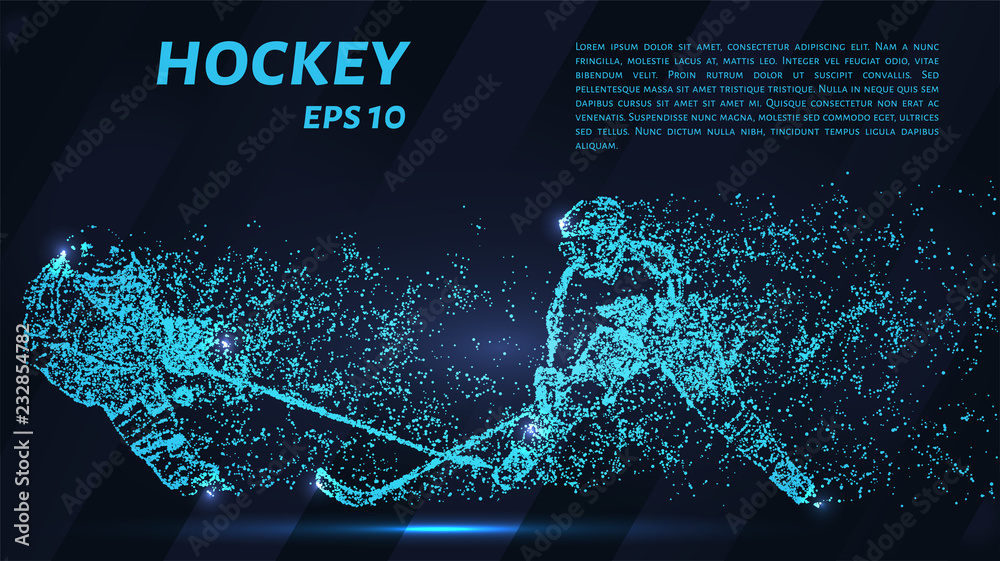 Naklejka premium A hockey game consists of points. Particles in the form of a hockey player on a dark background. Vector illustration. Graphic concept of hockey.