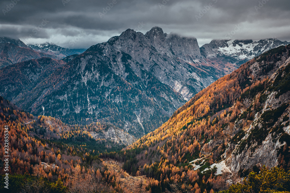 Clouds in orange autumn mountains valley. November in Alps forest.