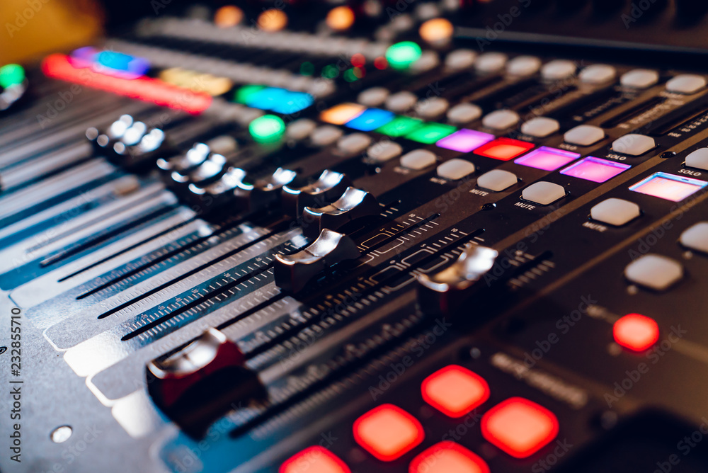 Studio mixing panel.Sound Mixer, Audio Mixer Slide. Music equipment blurred  background. Stock Photo | Adobe Stock
