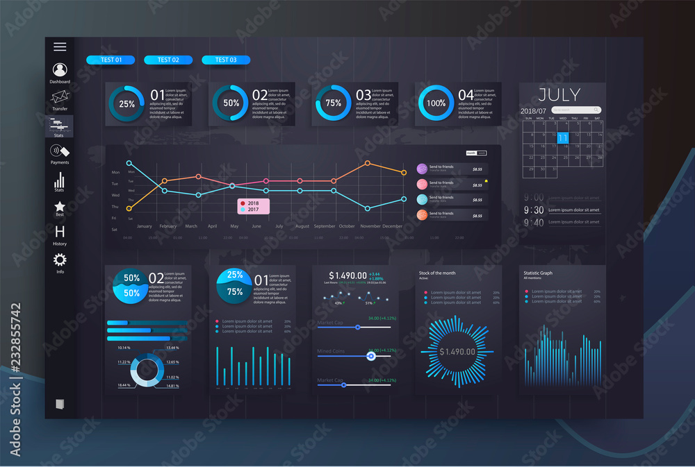 Infographic dashboard template with flat design graphs and charts. Processing and analysis of data. Modern modern infographic vector template with statistics graphs and finance charts