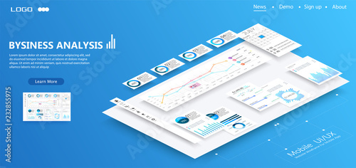Isometric conceptual page website with disassembled user interface. Ui, Ux development vector illustration. Landing page concept. Mobile app wireframe. Eps 10.