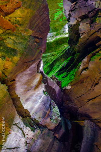 Colorful sandstone rocks and cliffs with live ferns in the deep gorges and rocky valley