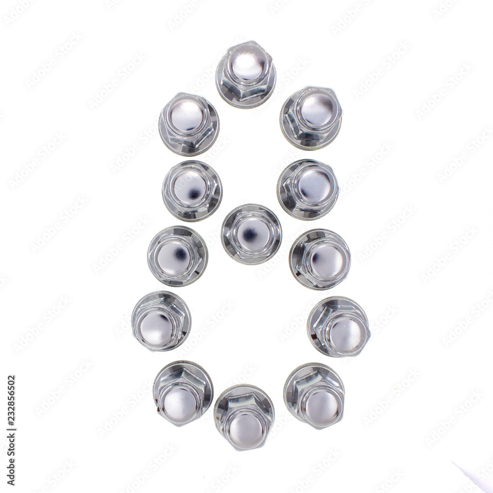 number eight - lined with wheel nuts. Car part for auto shop. number eight - lined with wheel nuts. Car part for auto shop.