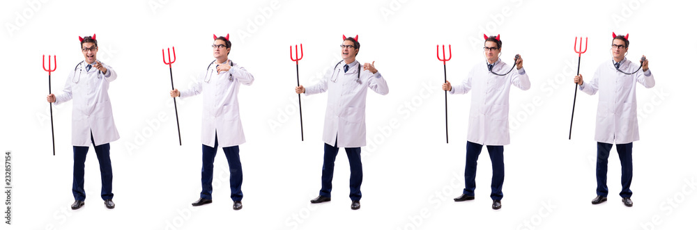 Devil doctor in funny medical concept isolated on white backgrou Devil doctor in funny medical concept isolated on white backgrou