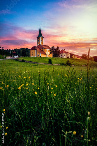 Sunset Sveta Nedelja church Croatia Spring