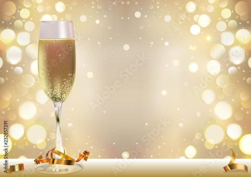 Golden Bokeh Background with Champagne Glass and Golden Confetti - Happy New Year or Holiday or Festive or Celebration Illustration, Vector