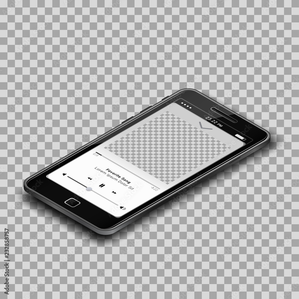 Realistic music player on black smartphone with empty screen on ...