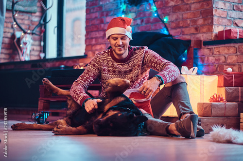 Stylish man playing with his cute dog in a decorated living room at Christmas time.