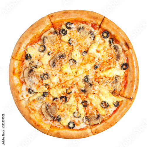 Pizza flat lay isolated on white background. Top view pizza with cheese, mushrooms and olives.