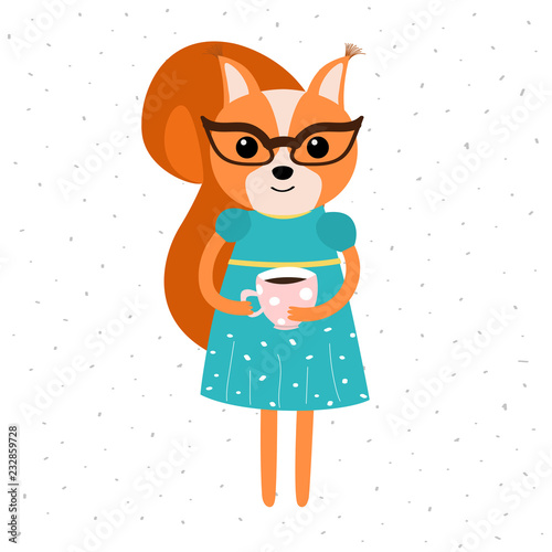 Orange squirrel in blue dress, yellow belt and glasses, holding a cup of coffe.