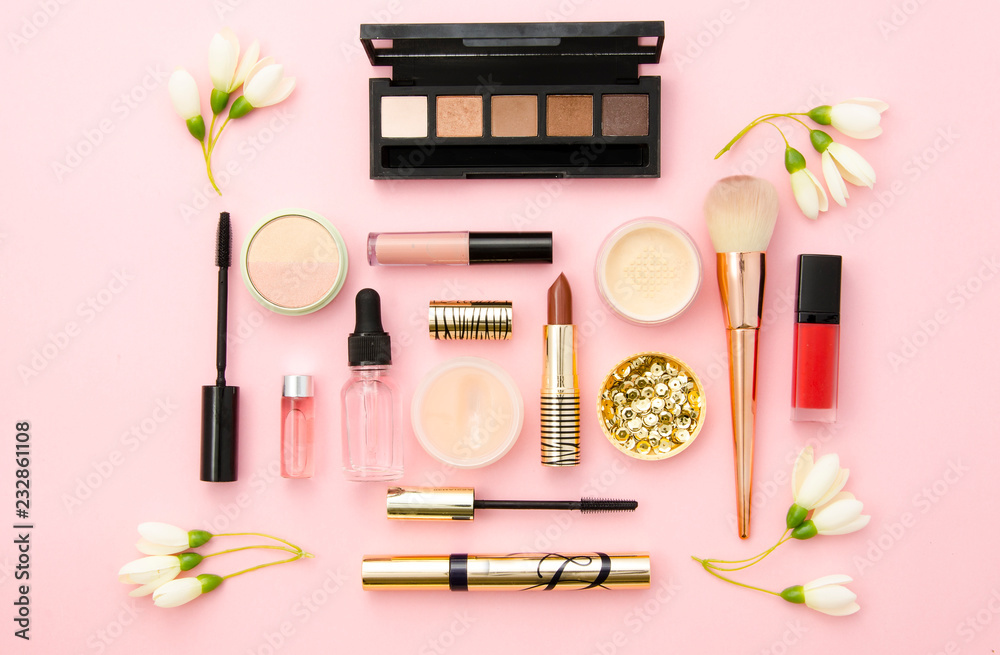 Professional decorative cosmetics, make-up tools and accessory on pink background. Beauty, fashion and shopping concept. flat lay composition, top view. Mockup for beauty blog - obrazy, fototapety, plakaty 