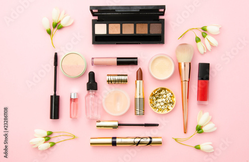 Valokuvatapetti Professional decorative cosmetics, make-up tools and accessory on pink background