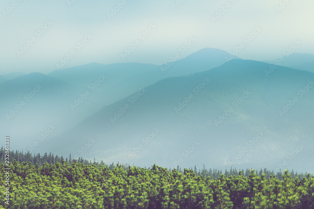 Misty mountain hills landscape. View of  layers of mountains and haze in the valleys. The effect of color tinting.