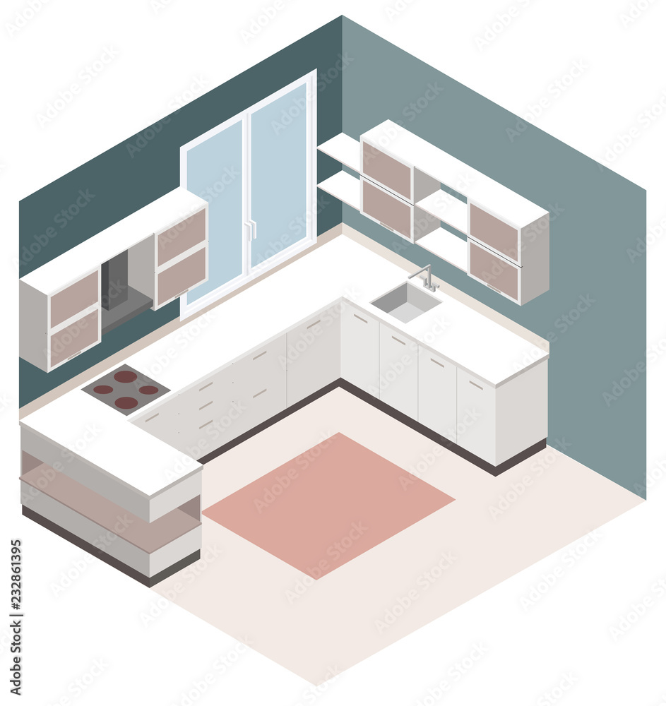 Isometric kitchen. Vector isometric low poly kitchen room icon.