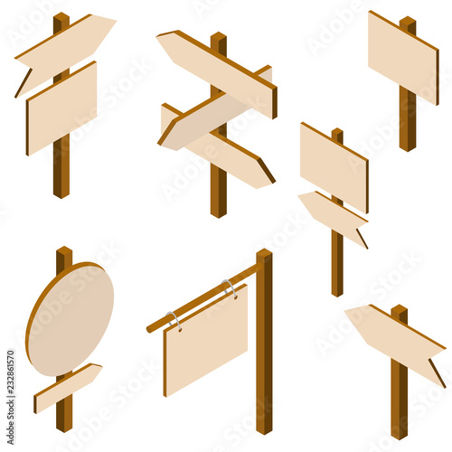 Isometric Set of a Wooden Signboards. Empty Cartoon Banner. Arrow, Plank.
