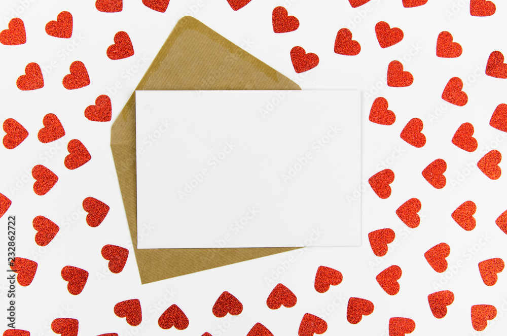 valentines day frame or gift card with heart background. Mock up template. View from above. Flat lay valentines day frame or gift card with heart background. Mock up template. View from above. Flat lay