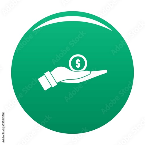 Coin in hand icon. Simple illustration of coin in hand vector icon for any design green