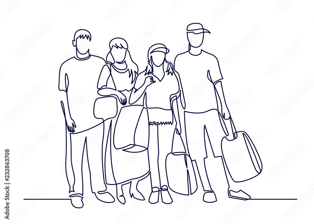 Tourists continuous one line vector drawing Tourists continuous one line vector drawing