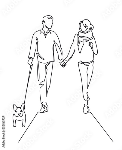 Young couple walking dog continuous one line vector drawing