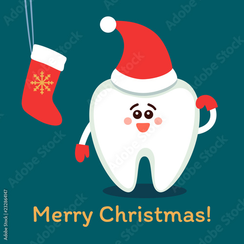 Cartoon tooth in Santa hat with a sock. Merry Christmas! Greeting card from dentistry, poster with wishes.