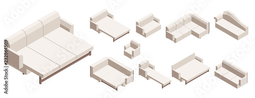 Sofa icon set. Isometric set of sofa vector icons for web design isolated on white background