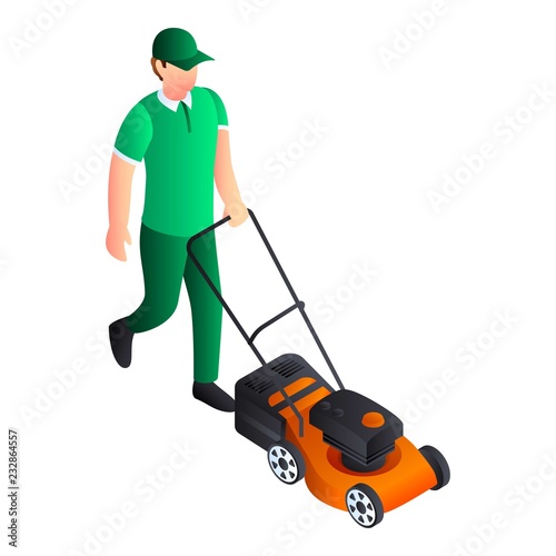 Man cut grass icon. Isometric of man cut grass vector icon for web design isolated on white background